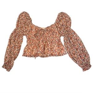 Altar'd State Karly Floral Smocked Peplum Top Rust Orange Boho Puff Sleeve L NWT